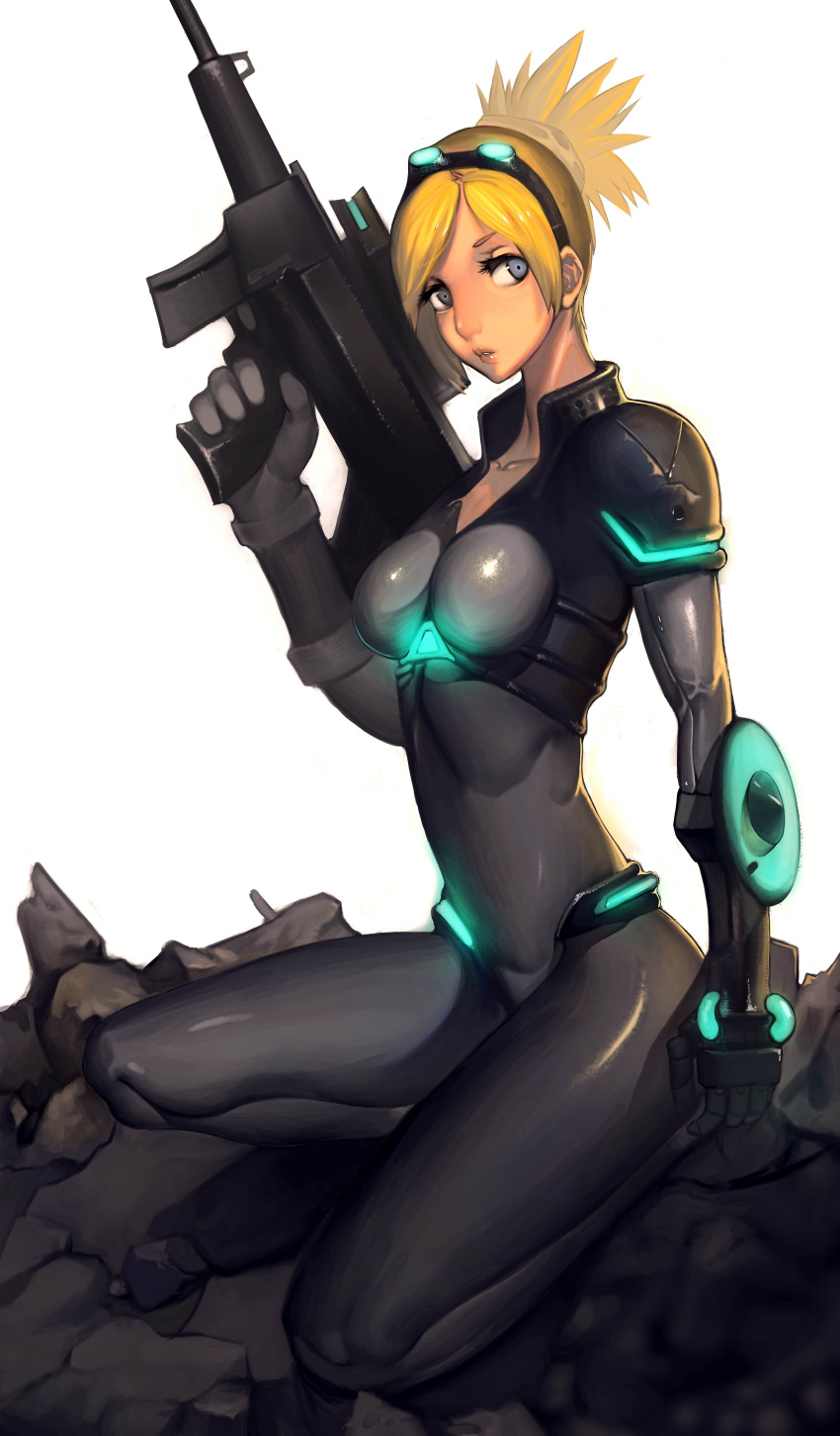 1girl, absurdres, blonde_hair, blue_eyes, bodysuit, full_body, goggles, goggles_on_head