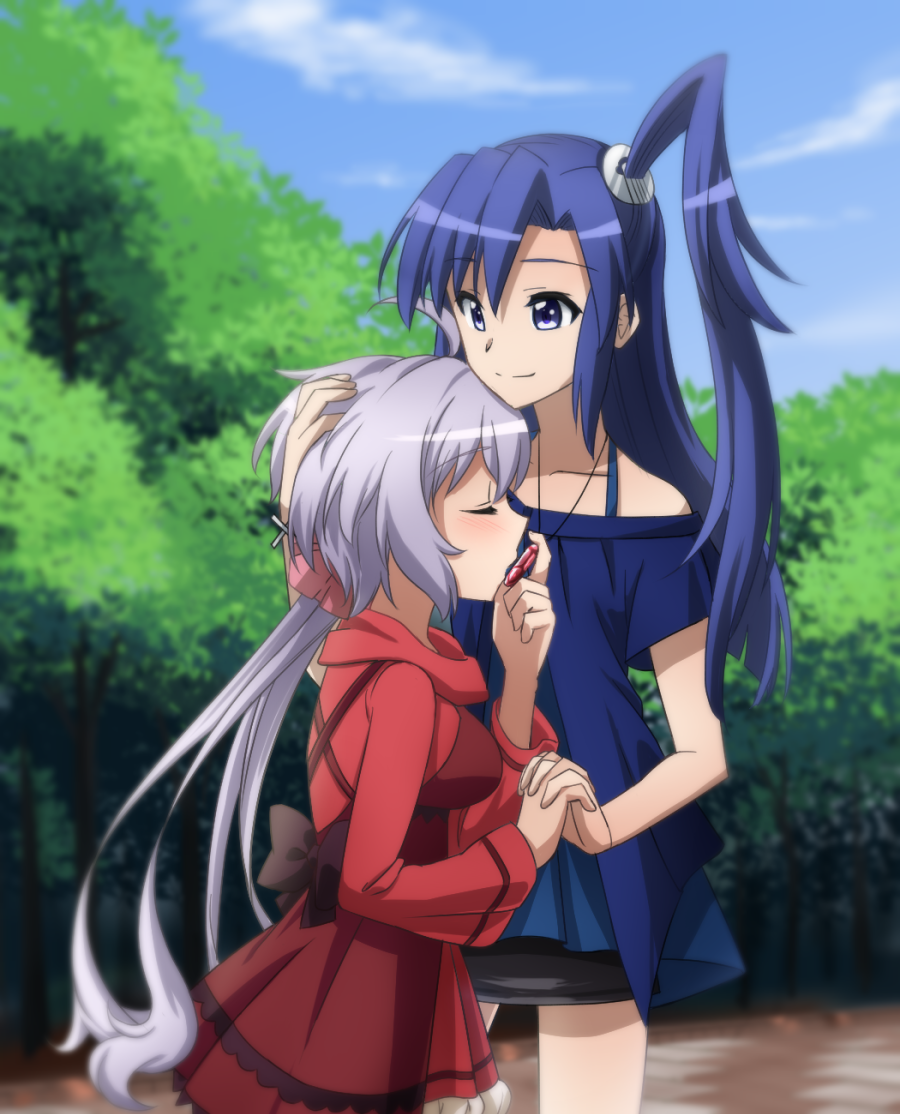2girls, ahoge, bare_shoulders, blue_eyes, blue_hair, bow, closed_eyes, hair_ornament