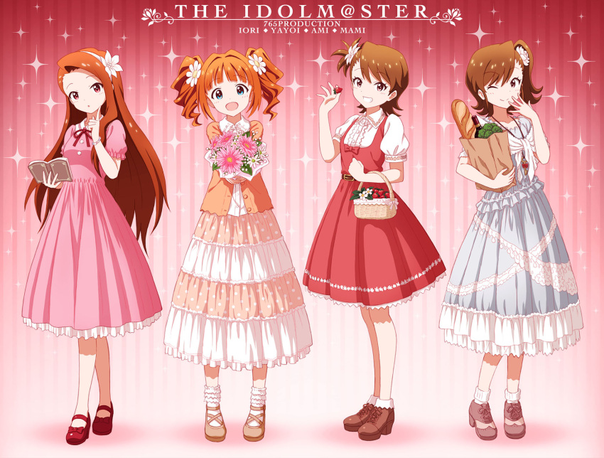 4girls, basket, blue_eyes, book, bouquet, bracelet, broccoli, brown_hair, fashion, finger_to_cheek, flower, food, fruit, futami_ami, futami_mami, grin, hair_flower, hair_ornament, hairband, highres, idolmaster, jewelry, key_necklace, loaf_of_bread, looking_at_viewer, minase_iori, multiple_girls, one_eye_closed, open_mouth, orange_hair, outsider_0, red_eyes, revision, ribbon, siblings, side_ponytail, sisters, smile, sparkle, strawberry, takatsuki_yayoi, twins, twintails, wine_bottle