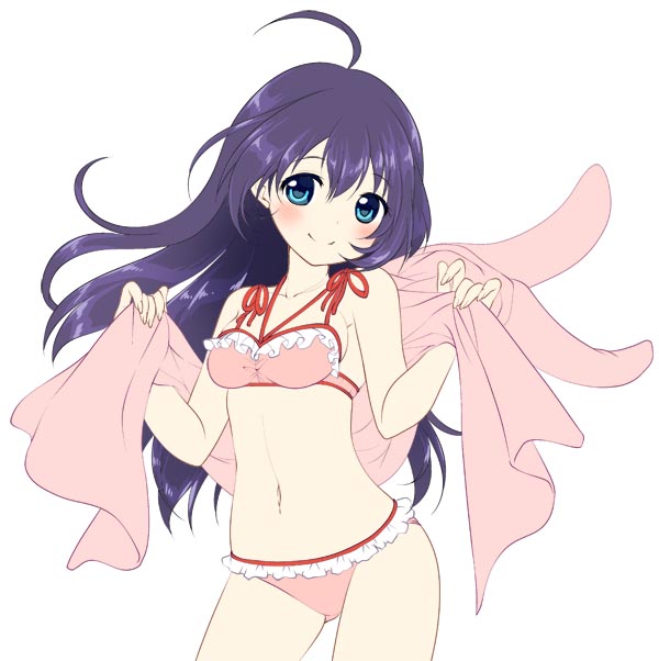 1girl, ahoge, antenna_hair, bikini, blue_eyes, breasts, frilled_bikini, frills