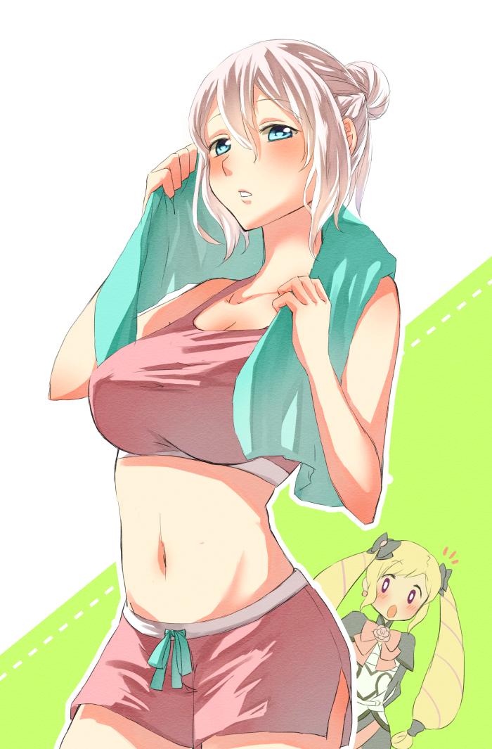 blonde_hair, blue_eyes, elfie_(fire_emblem_if), elise_(fire_emblem_if), fire_emblem, fire_emblem_if, grey_hair, long_hair, mabokku, midriff, shorts, towel, twintails