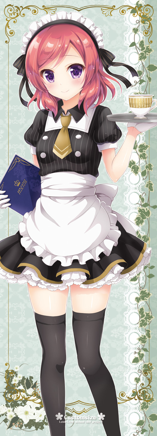 1girl, black_legwear, blush, gloves, half_gloves, headdress, highres, looking_at_viewer, love_live!_school_idol_project, menu, necktie, nishikino_maki, redhead, sakurai_makoto_(custom_size), short_hair, skirt, small_breasts, smile, solo, thigh-highs, violet_eyes, waitress, white_gloves, zettai_ryouiki