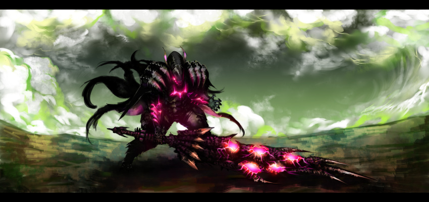 armor, clouds, full_armor, gore_magala_(armor), highres, letterboxed, masayoshi, monster_hunter