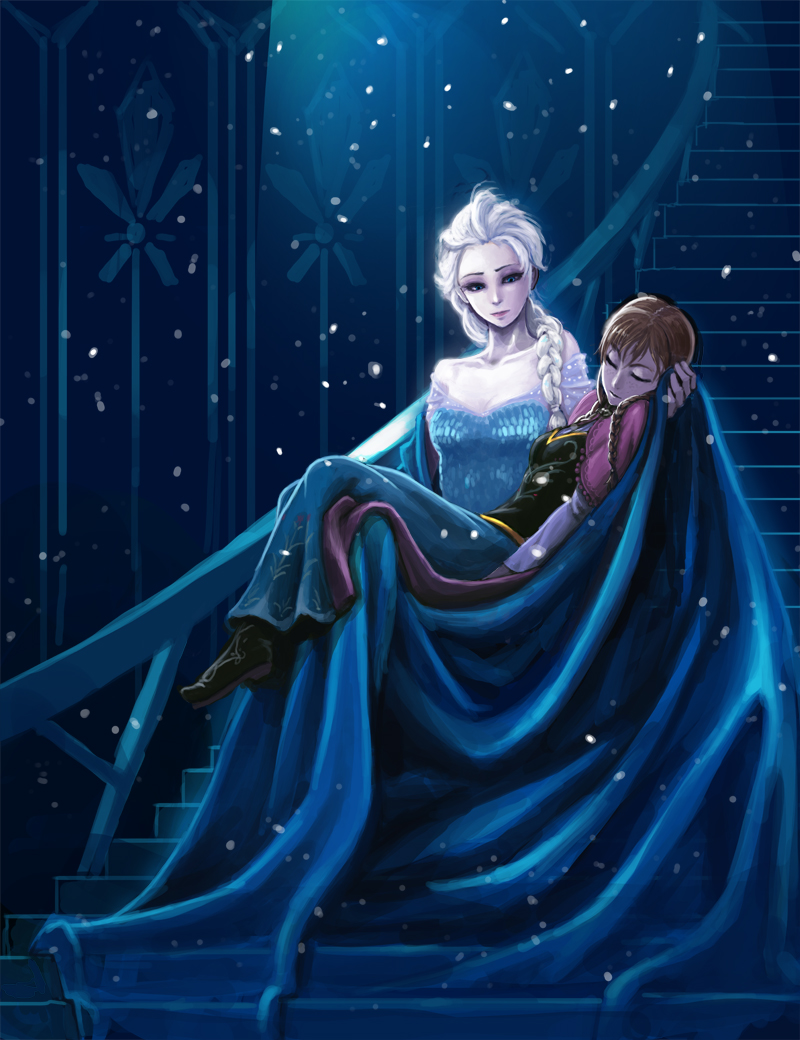 2girls, anna_(frozen), braid, carrying, closed_eyes, elsa_(frozen), fine_art_parody, frozen_(disney), kimbbq, long_hair, multiple_girls, parody, pieta, princess, princess_carry, queen, siblings, single_braid, sisters, snowflakes, stairs
