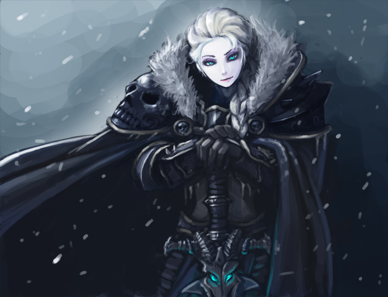 1girl, armor, arthas_menethil, arthas_menethil_(cosplay), blonde_hair, blue_eyes, crossover, elsa_(frozen), frostmourne, frozen_(disney), kimbbq, power_connection, solo, sword, warcraft, weapon