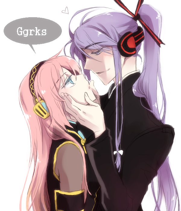 ggrks_(vocaloid), hair_ribbon, headphones, heart, kamui_gakupo, long_hair, manle, megurine_luka, pink_hair, ponytail, purple_eyes, purple_hair, ribbon, simple_background, violet_eyes, vocaloid