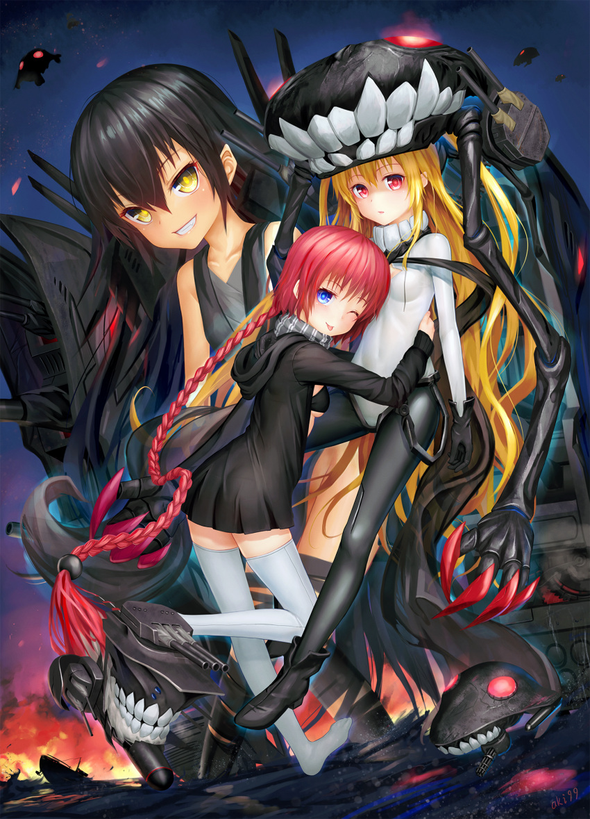 3girls, ;p, aki99, black_hair, blonde_hair, blue_eyes, blush, bodysuit