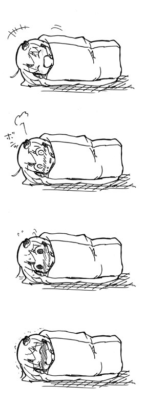 4koma, :d, blanket, chibi, closed_eyes, comic, commentary, haruka_akito, kochiya_sanae, monochrome, open_mouth, reed_mat, silent_comic, smile, sweatdrop, tears, touhou, trembling
