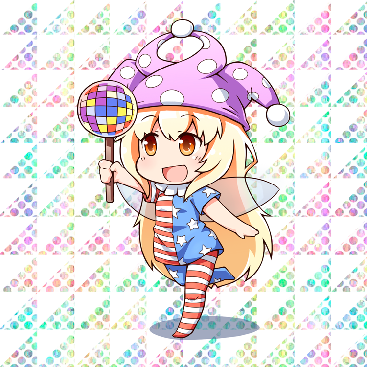 1girl, american_flag_legwear, american_flag_shirt, bangs, blonde_hair, clownpiece, disco_ball, fairy_wings