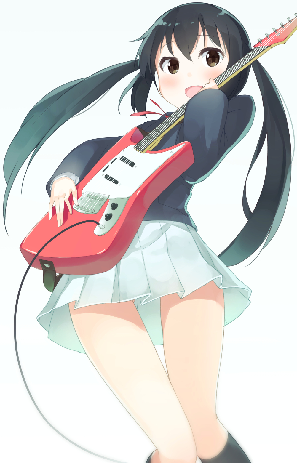 1girl, :d, black_hair, black_legwear, blazer, blush, brown_eyes, electric_guitar