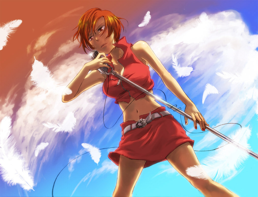 anno_(pixiv55039), bad_id, belt, brown_eyes, brown_hair, feathers, meiko, microphone, microphone_stand, midriff, nail_polish, navel, short_hair, skirt, sky, solo, vocaloid