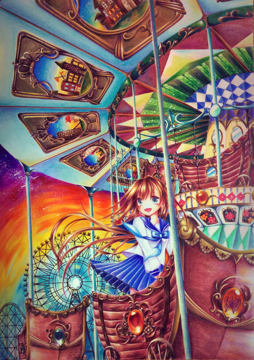 01111100100, 1girl, absurdres, amusement_park, blue_eyes, brown_hair, butterfly, carousel, colored_pencil_(medium), ferris_wheel, gem, highres, long_hair, open_mouth, original, roller_coaster, school_uniform, solo, traditional_media