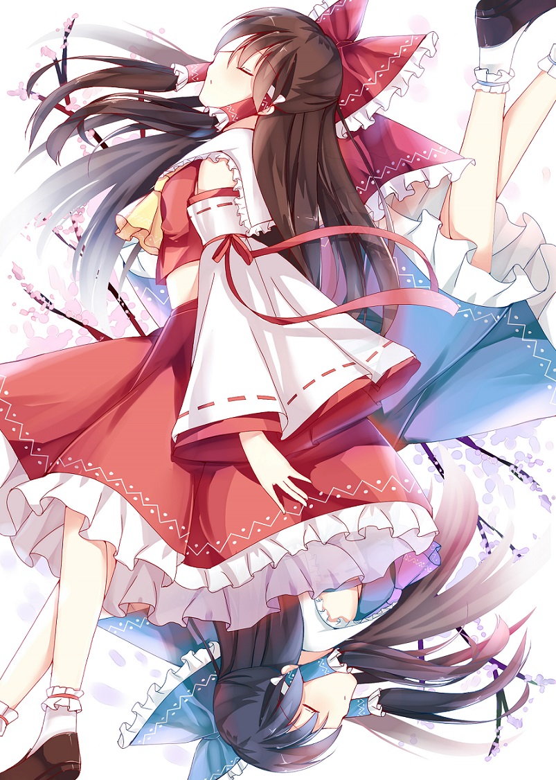 2girls, alternate_color, ascot, brown_hair, cherry_blossoms, closed_eyes, crop_top, detached_sleeves