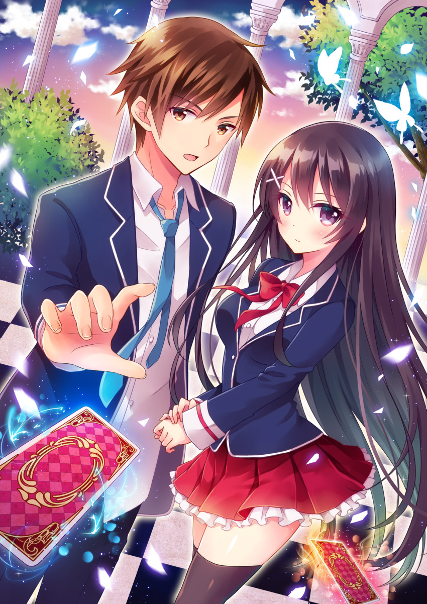 1boy, 1girl, black_hair, brown_hair, card, checkered, checkered_floor, highres, long_hair, mamekosora, original, school_uniform, short_hair, thigh-highs