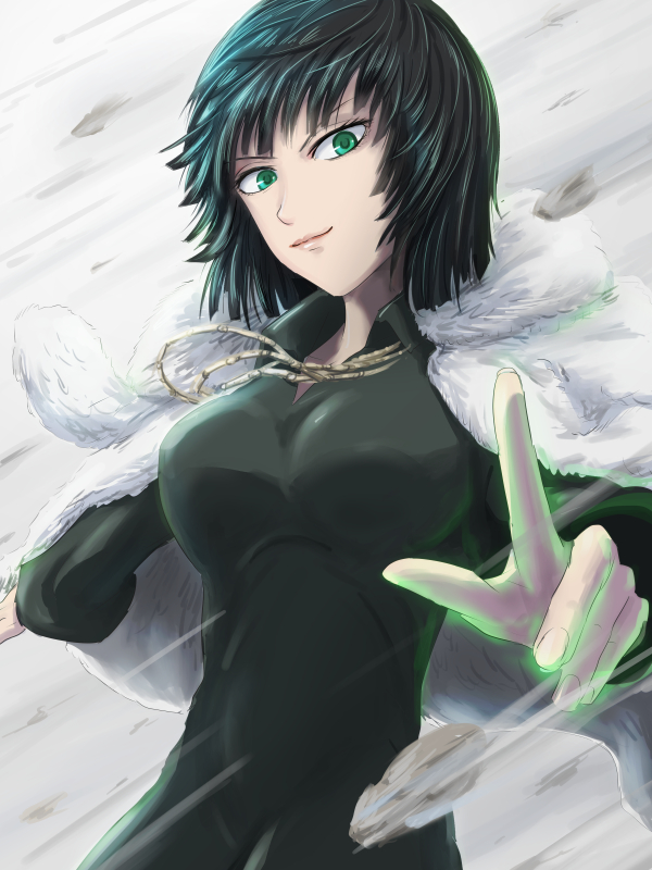 1girl, black_dress, black_hair, dress, fubuki_(onepunch_man), green_eyes, motion_blur, myammar13