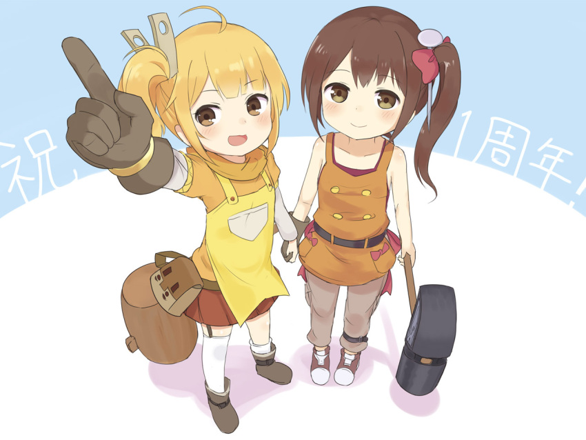 2girls, apron, bare_shoulders, brown_eyes, brown_hair, gloves, hammer, hammer_(ole_tower)