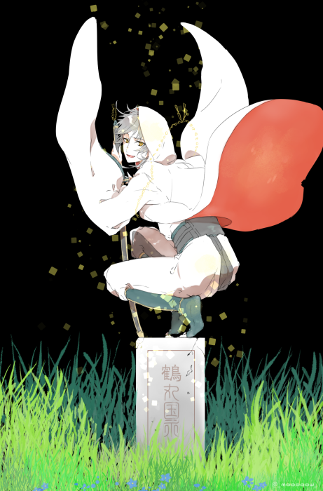 1boy, grass, hood, japanese_clothes, katana, looking_back, male_focus, mou_(mooooow), squatting, sword, tombstone, touken_ranbu, tsurumaru_kuninaga, weapon, white_hair, wide_sleeves, yellow_eyes