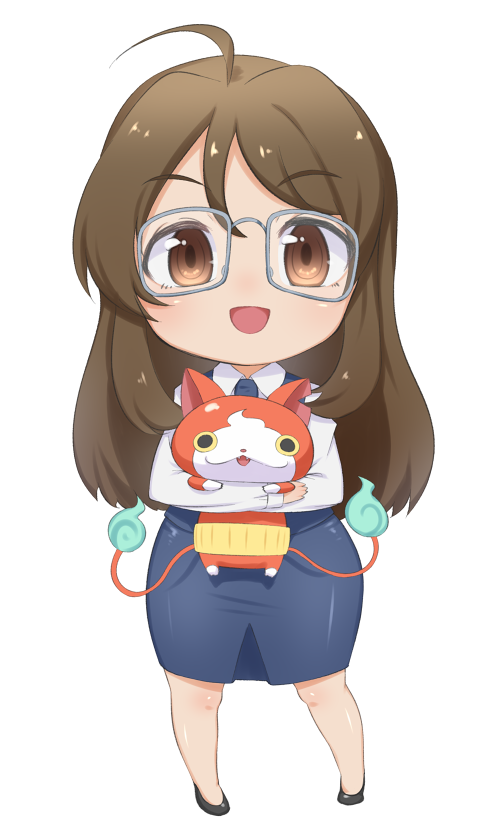 1girl, brown_eyes, brown_hair, chibi, crossover, glasses, jibanyan, kozakura_etsuko