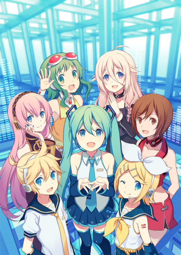 1boy, 6+girls, aqua_hair, blonde_hair, blue_eyes, bow, brown_eyes, brown_hair