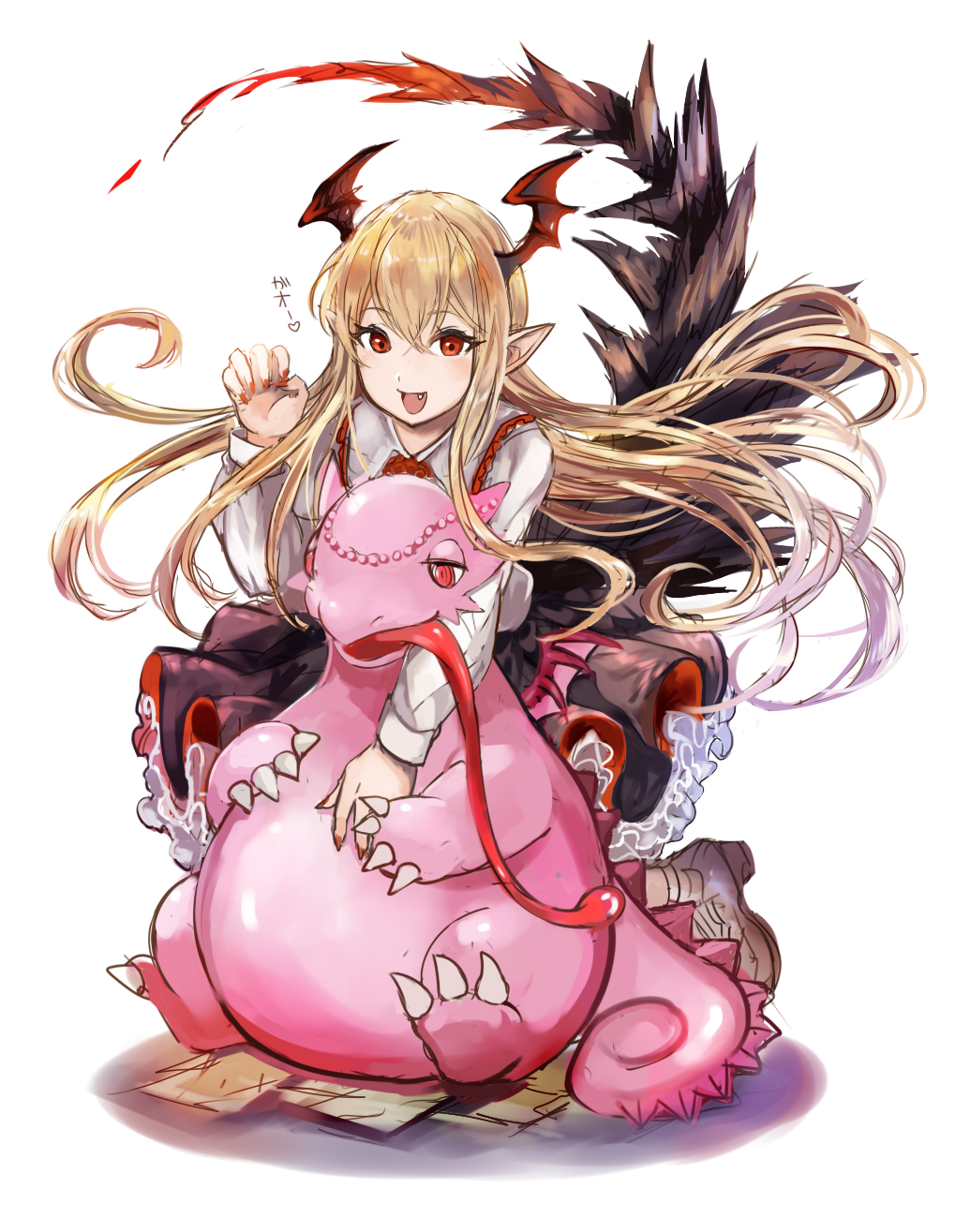 1girl, :d, bat_wings, besu, blonde_hair, chanmi, demon_tail, dragon