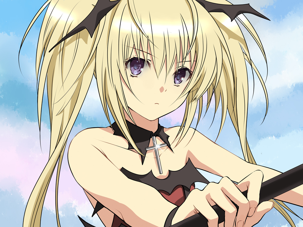 bad_id, bare_shoulders, blonde_hair, choker, cross, head_wings, headwings, hoshina_utau