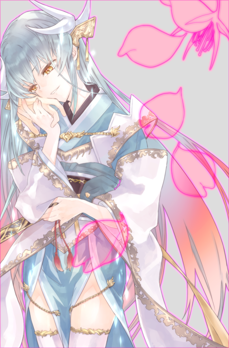 1girl, aqua_hair, fan, fate/grand_order, fate_(series), hair_ornament, highres, horns