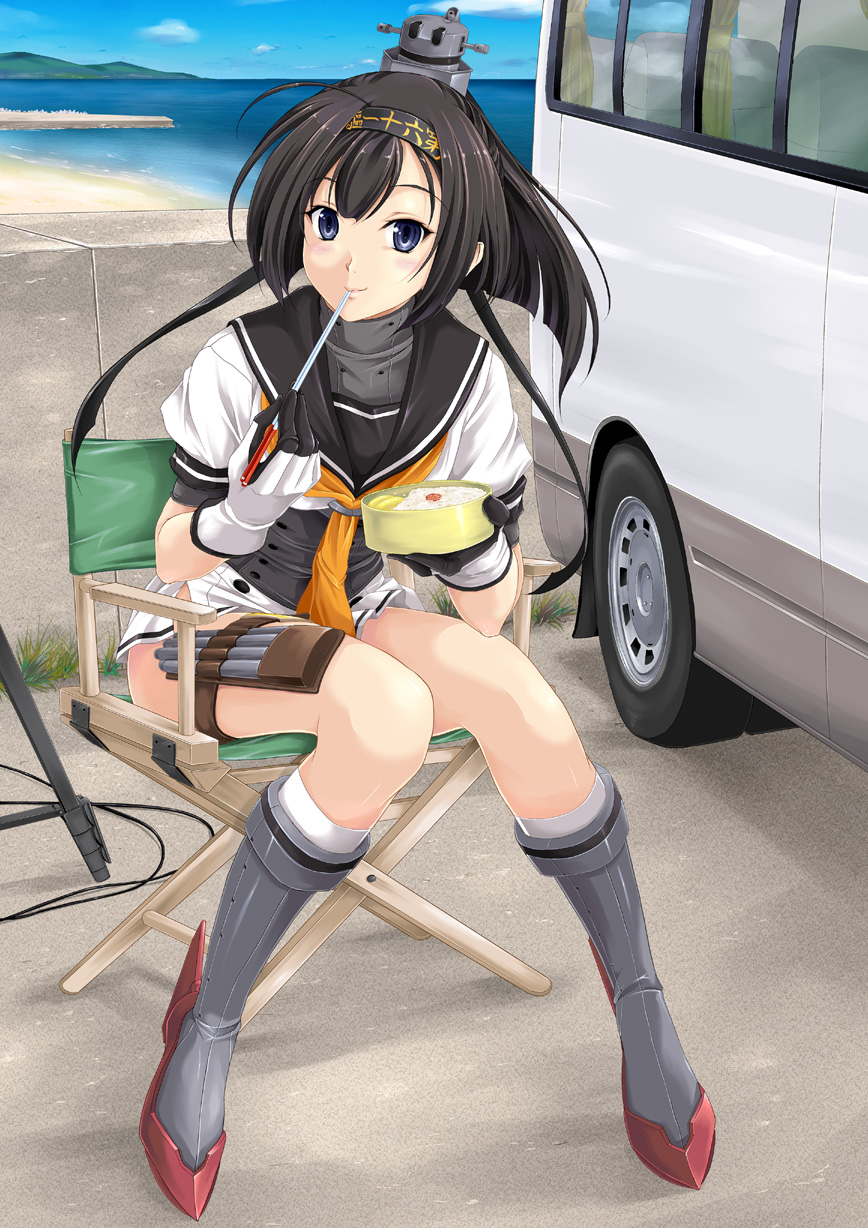 1girl, akizuki_(kantai_collection), beach, black_hair, blue_eyes, blush, boots, chair