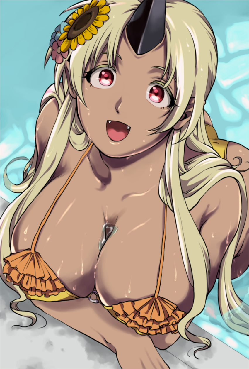 1girl, :d, bikini, blonde_hair, breasts, cleavage, dark_skin, dokkoi_tonkotsu, fangs, flower, hair_flower, hair_ornament, highres, horn, huge_breasts, long_hair, monster_musume_no_iru_nichijou, oni, open_mouth, partially_submerged, red_eyes, smile, solo, swimsuit, tionishia, very_long_hair, water