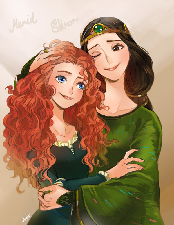 2girls, ano_(sbee), blue_eyes, brave_(pixar), brown_eyes, brown_hair, curly_hair, elinor_(brave)