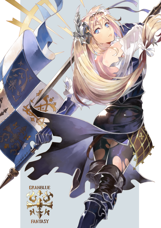1girl, blonde_hair, blue_eyes, granblue_fantasy, jeanne_d'arc_(granblue_fantasy), long_hair, solo, sword, thigh-highs, torn_clothes, torn_thighhighs, uwtk, weapon