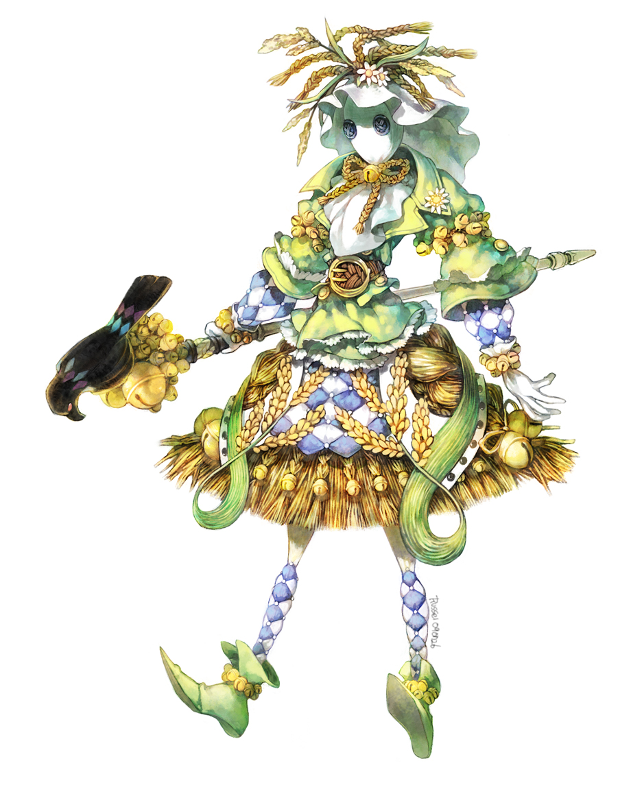 bell, bird, braid, crow, flower, hat, jingle_bell, russel, russel_(yumeriku), scarecrow, scarecrow_(twooz), solo, staff, straw, the_wizard_of_oz