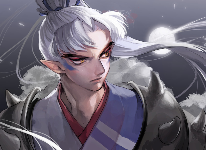 1boy, armor, bangs, demon_boy, eyeshadow, facial_mark, floating_hair, full_moon