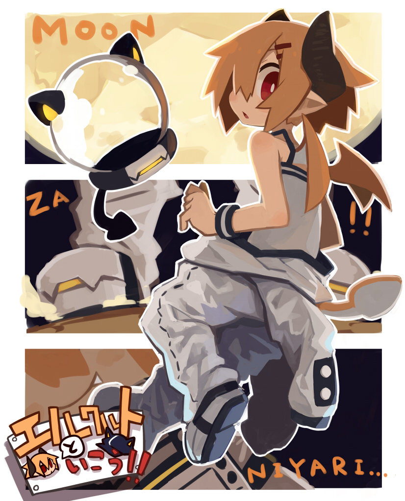 !!, 1girl, animal_hat, armlet, bare_shoulders, blonde_hair, cat_hat, demon_horns