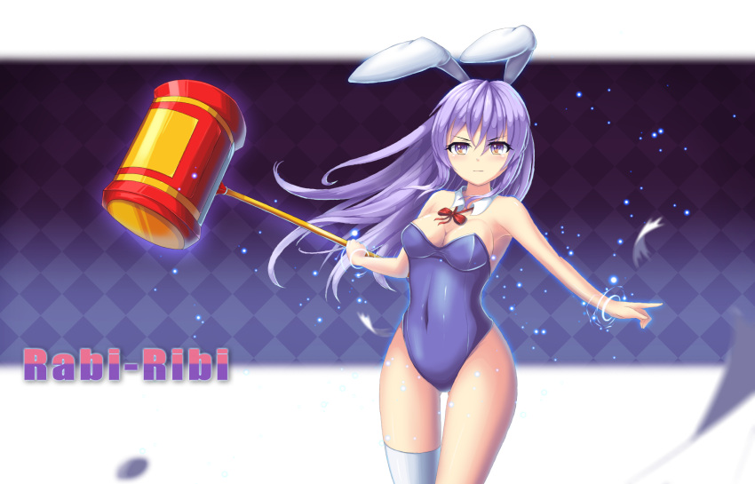 1girl, animal_ears, breasts, bunnysuit, cleavage, covered_navel, female, hammer, highres, leotard, long_hair, purple_hair, rabbit_ears, rabi-ribi, single_thighhigh, smile, solo, thigh-highs, thigh_gap, violet_eyes, z_-_chcrghan