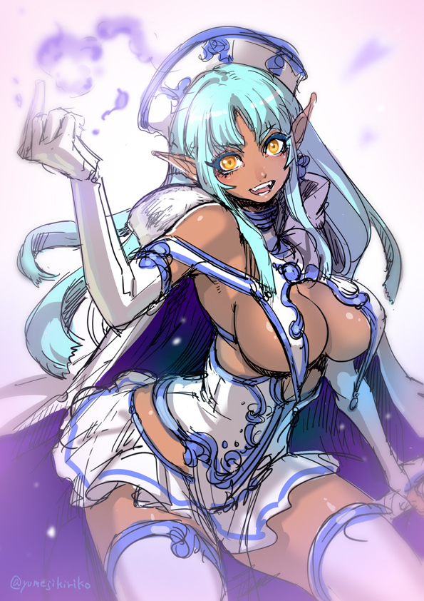 1girl, :d, blue_hair, breasts, cleavage, dark_skin, elbow_gloves, gloves