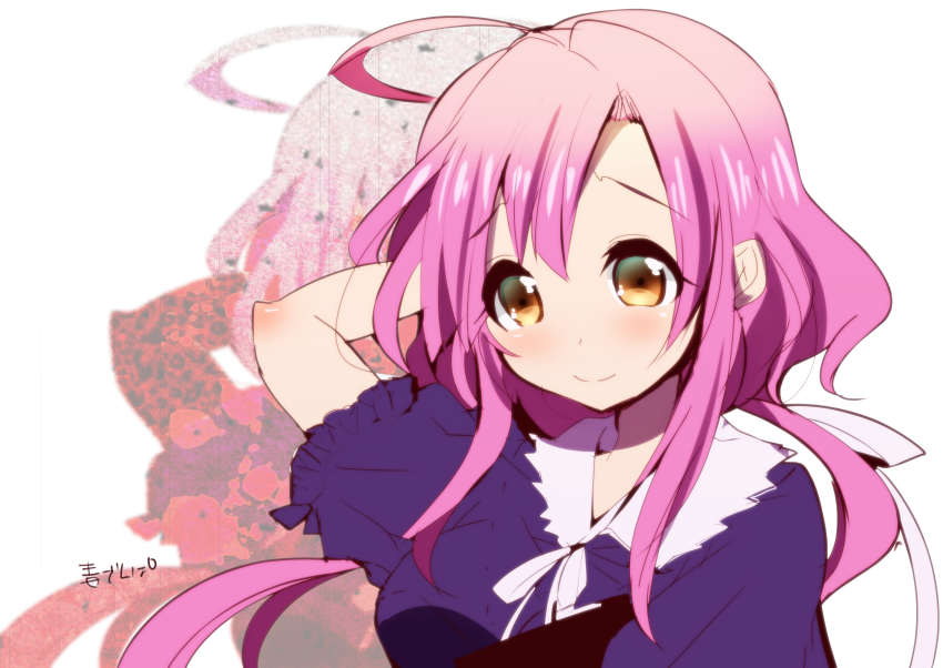 1girl, ahoge, arm_behind_head, doku_denpa_(blue_killer), gakkou_gurashi!, long_hair, pink_hair, sakura_megumi, smile, solo, yellow_eyes