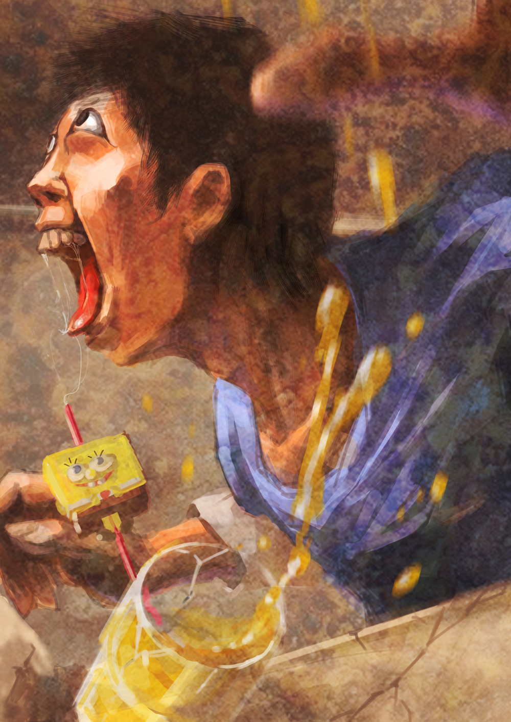 1boy, asian, bangs, black_hair, cameo, commentary_request, creepy, drooling, hakkyou_set, highres, mcdonald's, meme, open_mouth, orange_juice, parody, saliva, shingeki_no_kyojin, short_hair, sidelocks, simonori, spongebob_squarepants, spongebob_squarepants_(character), tongue, tongue_out