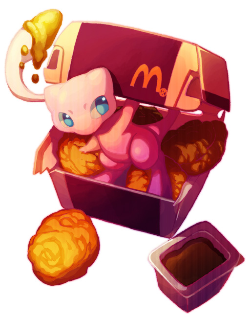 blue_eyes, chicken_nuggets, food, mcdonald's, mew, no_humans, pokemon, sauce, shouyu_senbei, simple_background, white_background