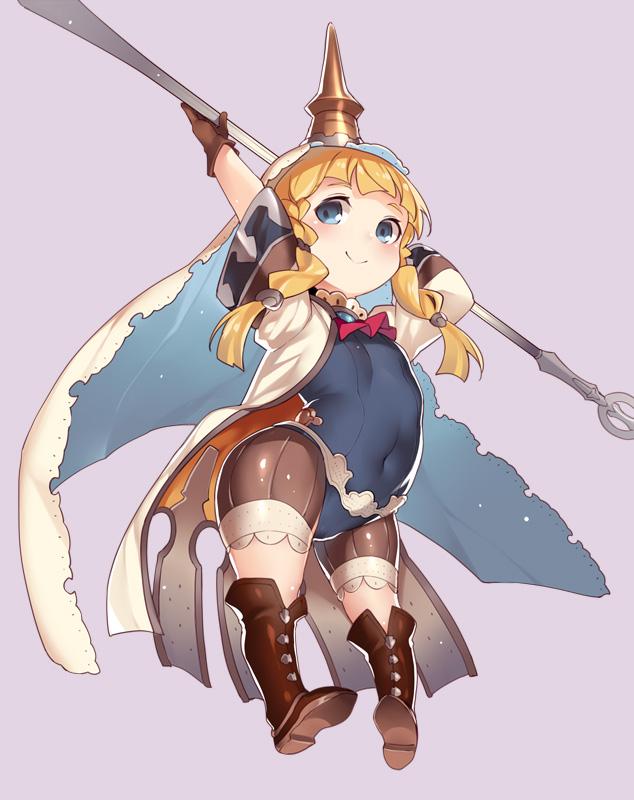 1girl, blonde_hair, blue_eyes, blush, boots, braid, bridal_veil, brown_boots, covered_navel, filasopila, granblue_fantasy, holding, horn, leotard, long_hair, purple_background, shiny, shiny_clothes, simple_background, smile, solo, staff, twin_braids, twintails, veil, yuu_(amadoki)