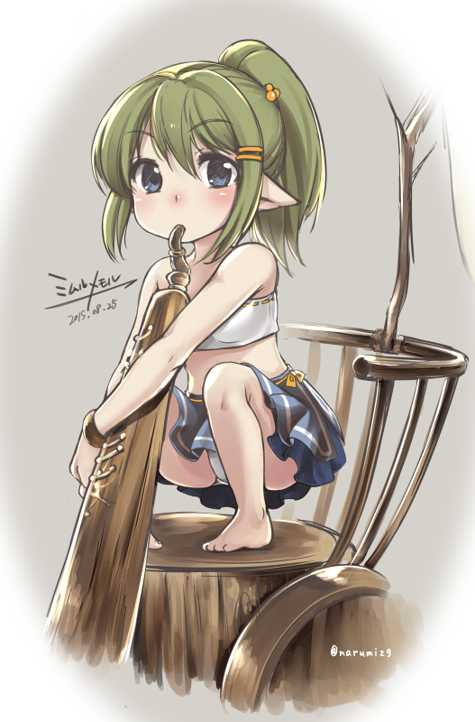 1girl, 2015, bare_legs, bare_shoulders, blue_eyes, blue_skirt, blush, dated, granblue_fantasy, green_hair, hair_ornament, hairclip, instrument, long_hair, mimlememel, narumi_(siesta), panties, pantyshot, pantyshot_(squatting), pigeon-toed, pointy_ears, ponytail, skirt, solo, squatting, strapless, tubetop, underwear, wheelchair