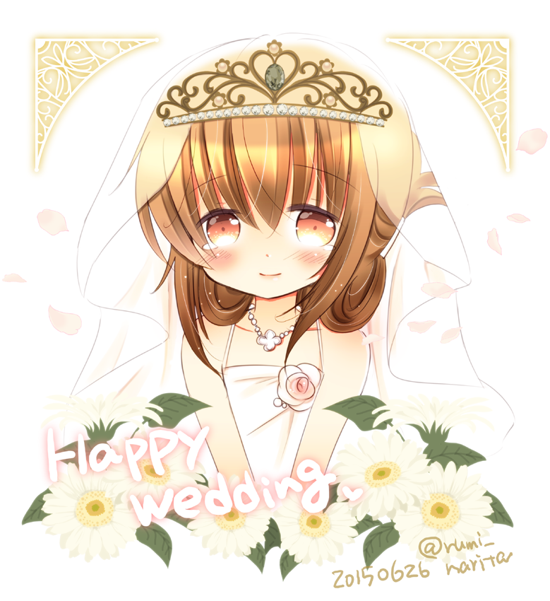 1girl, alternate_costume, blush, bridal_veil, brown_eyes, brown_hair, corsage, dated