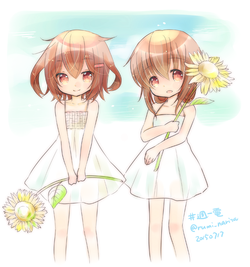 2girls, alternate_costume, bare_legs, brown_eyes, brown_hair, dated, dress, flower