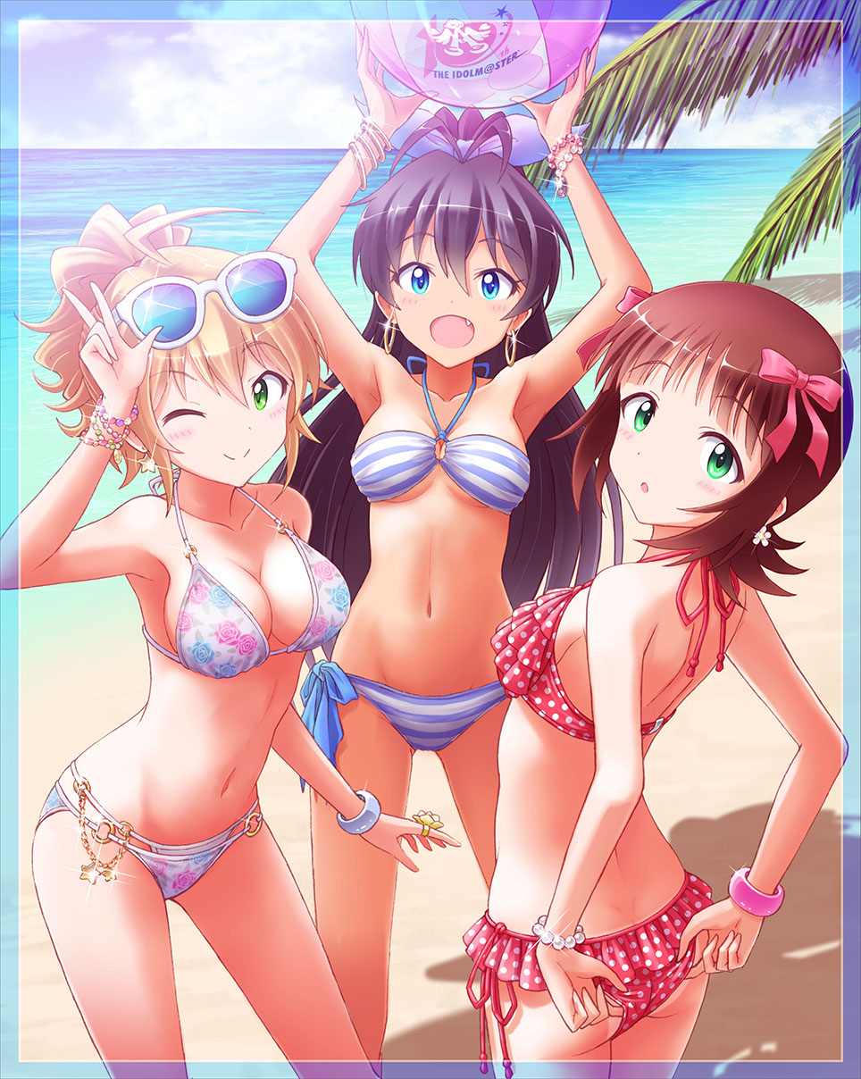 3girls, :d, adjusting_clothes, adjusting_swimsuit, amami_haruka, ass, bikini, bikini_skirt