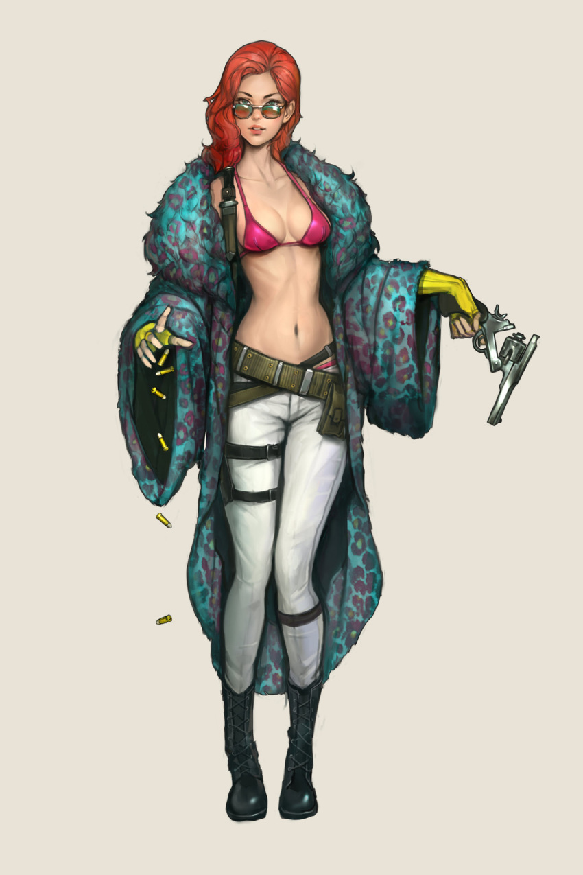 1girl, ammo_pouch, belt, bikini, bikini_top, black_boots, blue_eyes, boots