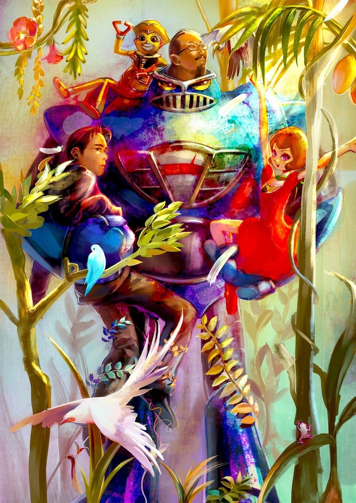 1girl, 2boys, :d, alternate_eye_color, android, arms_up, bird, black_eyes, black_hair, black_pants, black_shirt, bluebird, brown_hair, clown0248, dress, facial_hair, flower, frog, gauge, glasses, goatee, hibiscus, hirasawa_susumu, jungle, king_(yumemiru_kikai), kon_satoshi, lifting_person, loafers, long_hair, long_sleeves, looking_at_viewer, looking_back, looking_up, low_ponytail, mecha, multiple_boys, mustache, nature, neckerchief, open_mouth, pants, pink_eyes, plant, real_life, reclining, red_dress, ririco_(yumemiru_kikai), robin_(yumemiru_kikai), robot, shirt, shoes, smile, stork, tree, vines, yumemiru_kikai