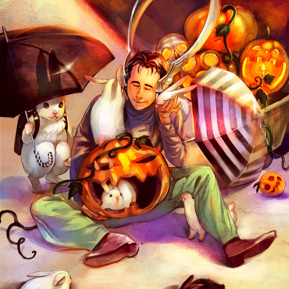 1boy, backpack, bag, black_hair, blue_shirt, closed_eyes, clown0248, flower_pot
