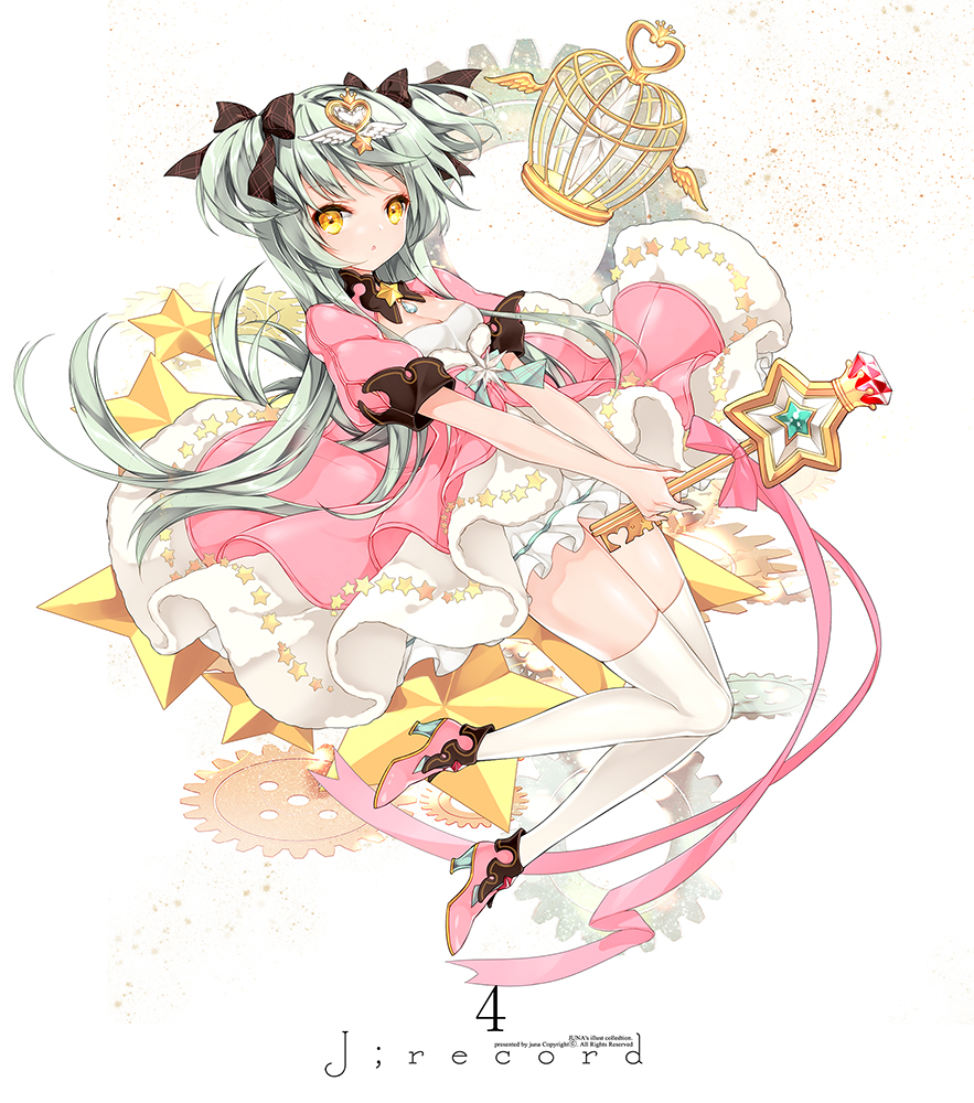 1girl, aqua_hair, bow, cage, dress, frills, gears, gem