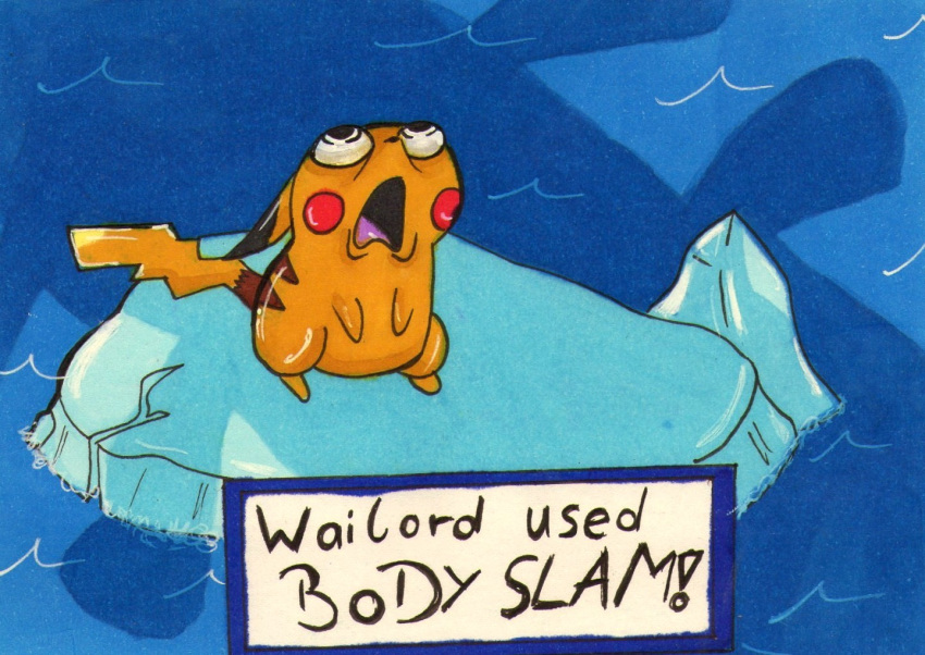 :o, gameplay_mechanics, ice_floe, katze_des_grauens, looking_up, no_humans, ocean, open_mouth, pikachu, pokemon, pokemon_(creature), shadow, shocked_eyes, wailord, water