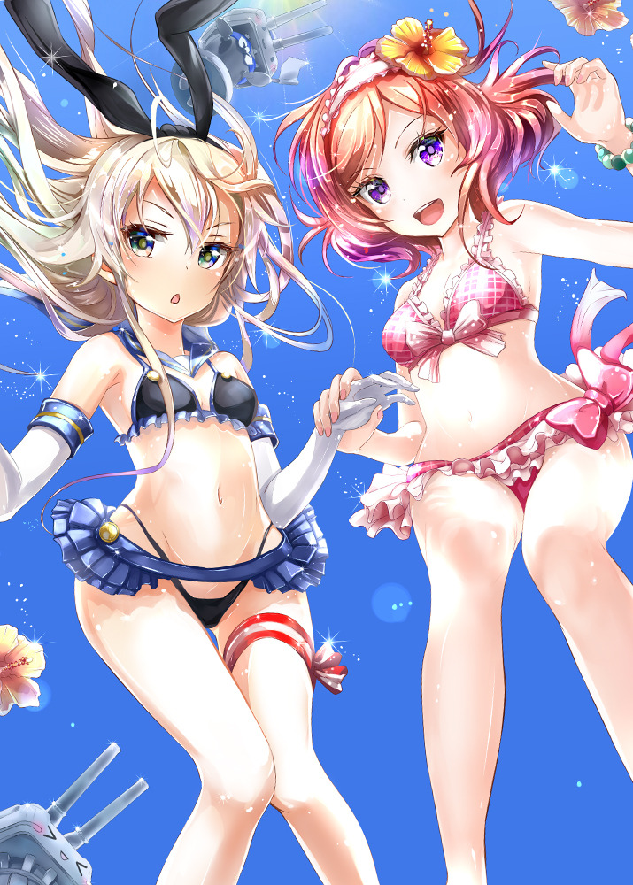 2girls, adapted_costume, bikini, blonde_hair, crossover, elbow_gloves, floating_hair, flower
