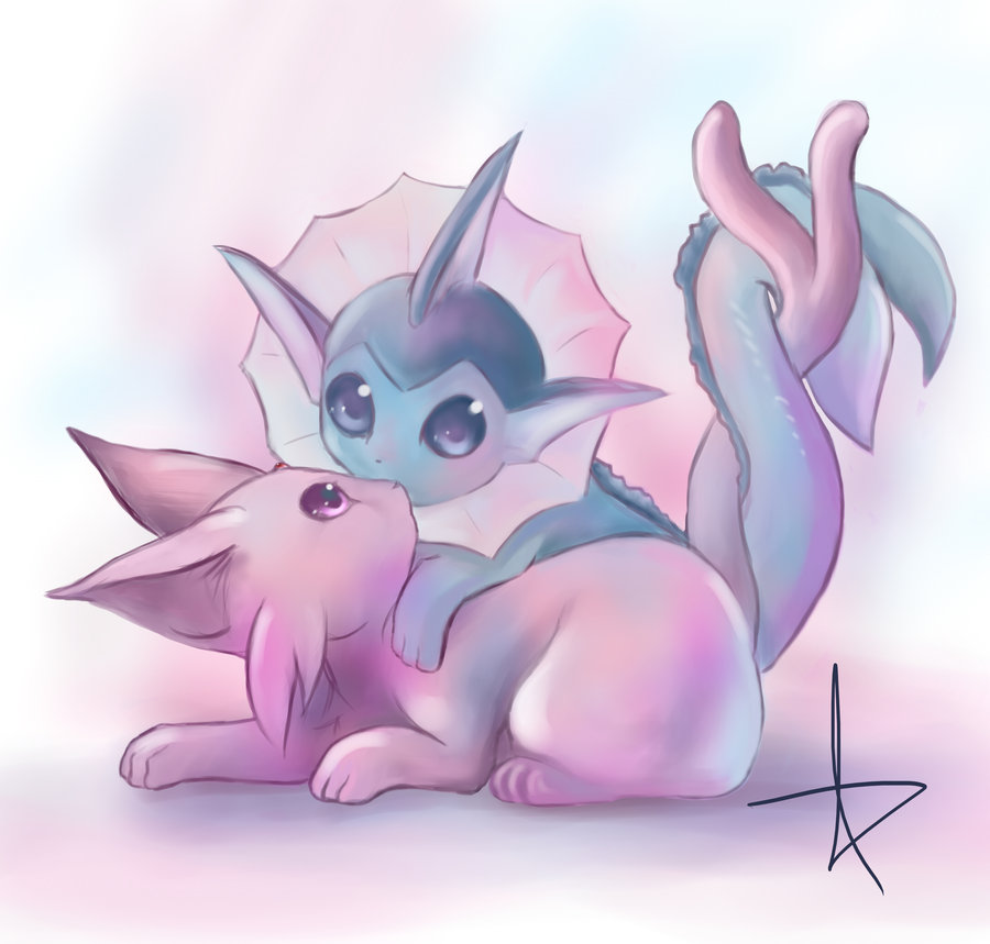 blue_eyes, cuddling, espeon, fins, kenneos, looking_at_another, no_humans, pink_eyes